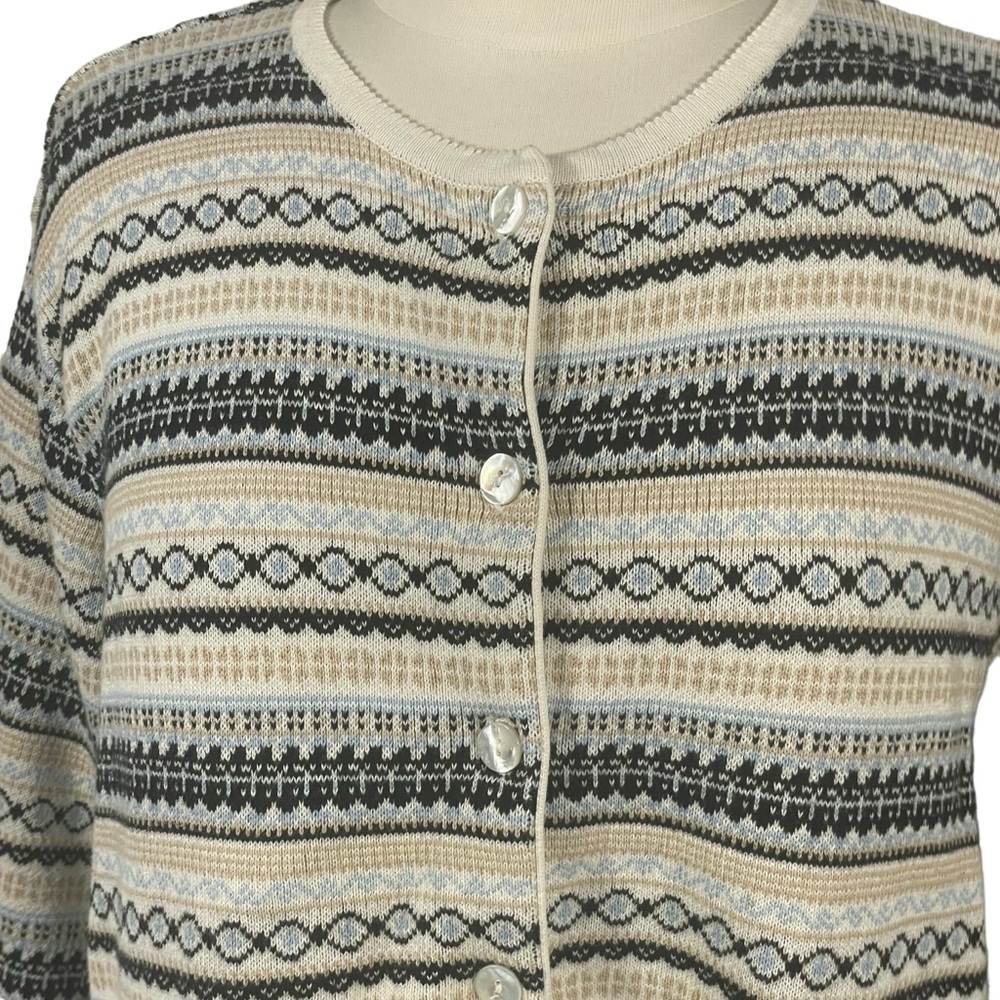 Vintage Talbots 100% Cotton Fair Isle Striped Cardigan Sweater Sz XL - Picture 2 of 10